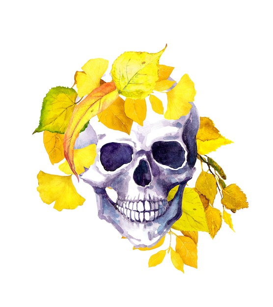 Human skull, yellow autumn leaves. Watercolor illustration