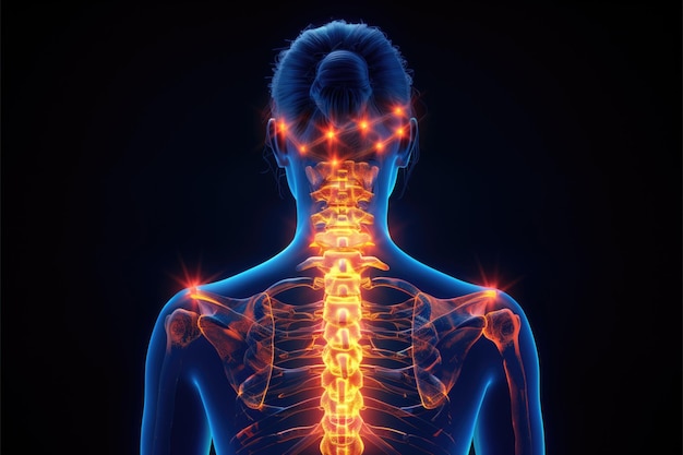 Human spine with highlighted pain points and glowing neural pathways on black background