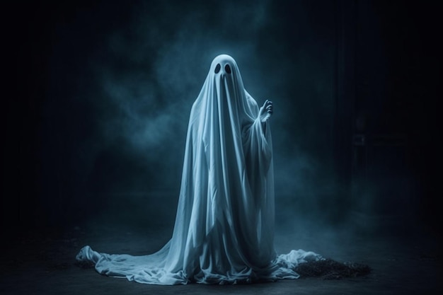 Human in spooky ghosts costume flying inside the old house or forest at night Halloween concept