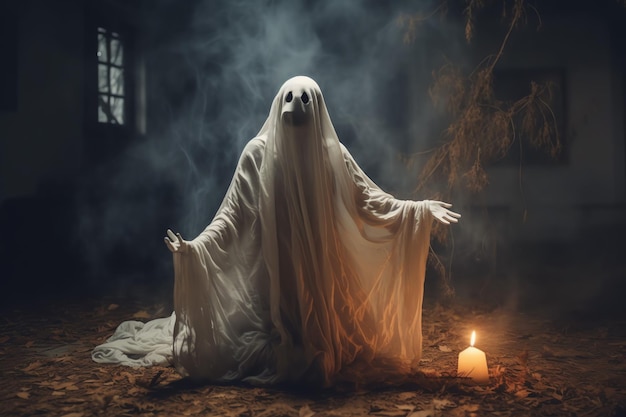 Human in spooky ghosts costume flying inside the old house or forest at night Halloween concept