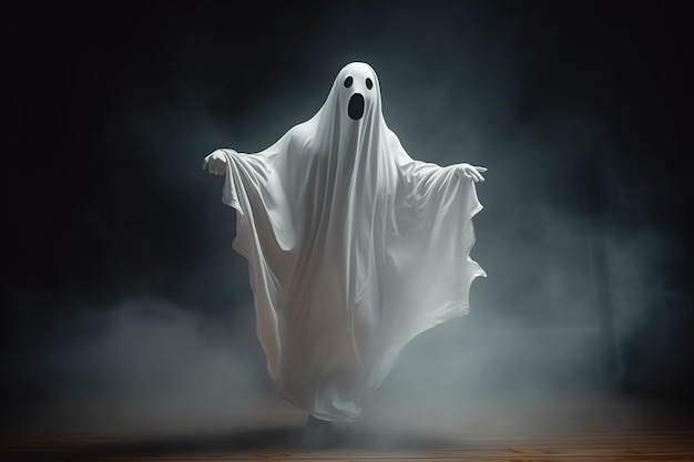 Human in spooky ghosts costume flying inside the old house or forest at night Halloween concept