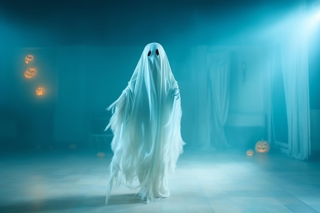 Human in spooky ghosts costume flying inside the old house or forest at night Halloween concept