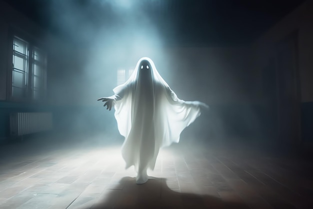 Human in spooky ghosts costume flying inside the old house or forest at night Halloween concept