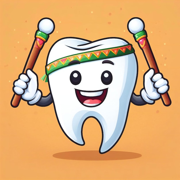 Photo a human tooth mascot with two dandiya sticks doing a dandiya dance