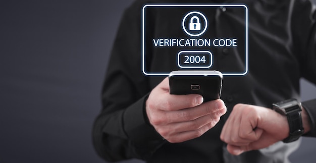 Photo human using smartphone identity verification code cyber security