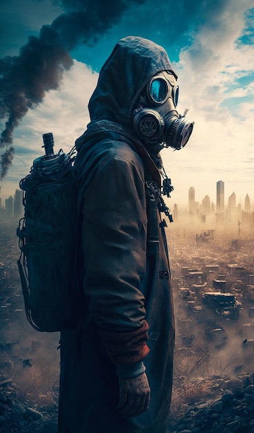 Human wearing gas mask protective coat and backpack Destroyed cityscape with debris and smoke coming up at backdrop Generative AI