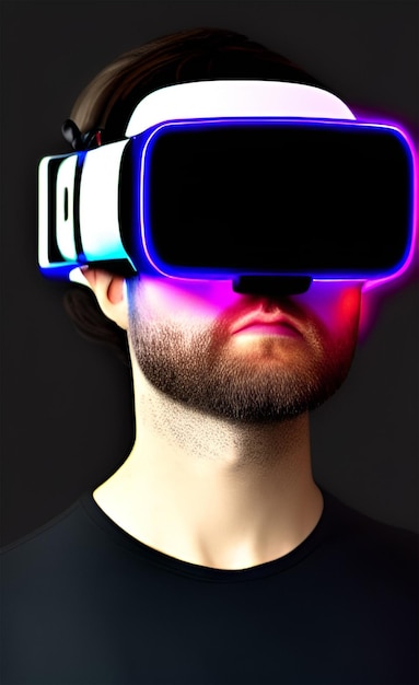 Human wearing vr ar neon glasses modern metaverse cyborg virtual world