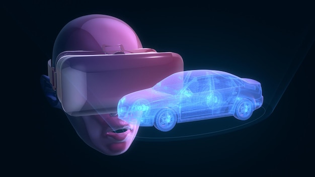 Human wearing VR Glasses looking at the hologram of a car