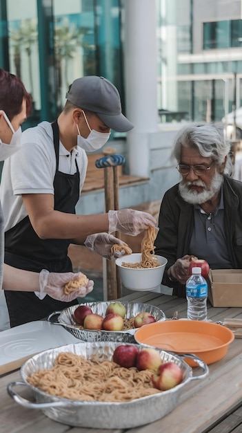 Photo humanitarian organization fighting hunger volunteers preparing free food and feeding local communi