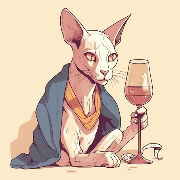 humanized sphinx cat holding wine