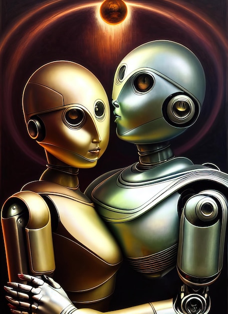 Humanoid androids robots couple embrace each other