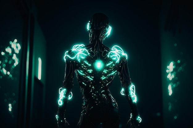 A humanoid figure with glowing LED lights