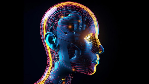 A humanoid head with blue and yellow eyes and a colorful neon neural network signifying futuristic technology and artificial intelligence Generative AI is shown from the side