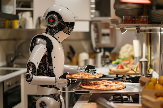 Photo humanoid robot cooks pizza with precision in a modern kitchen setting