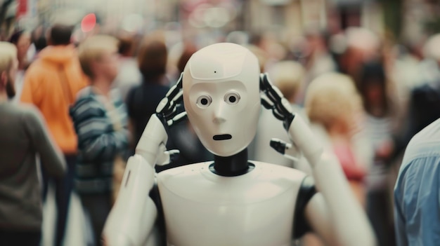 Photo a humanoid robot covers its ears in a crowded street expressing confusion and sensory overload amidst the hustle and bustle of urban life