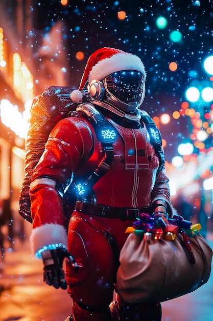 A humanoid robot dressed as Santa Claus carrying a sack of gifts standing on a city street decorated with Christmas lights