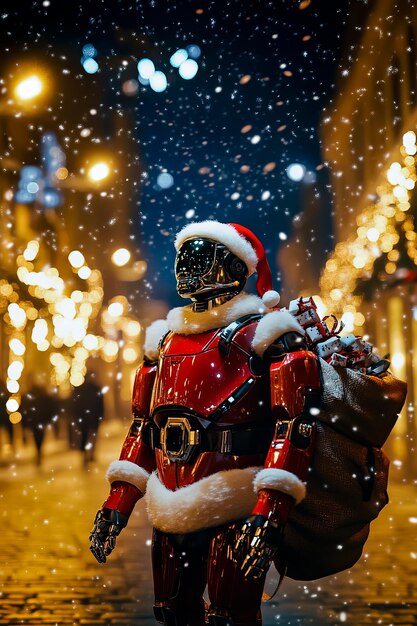 A humanoid robot dressed as Santa Claus carrying a sack of gifts standing on a city street decorated