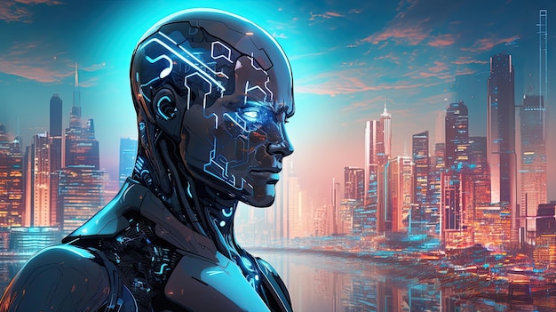 Humanoid robot head against cityscape background 3D rendering toned image double exposure