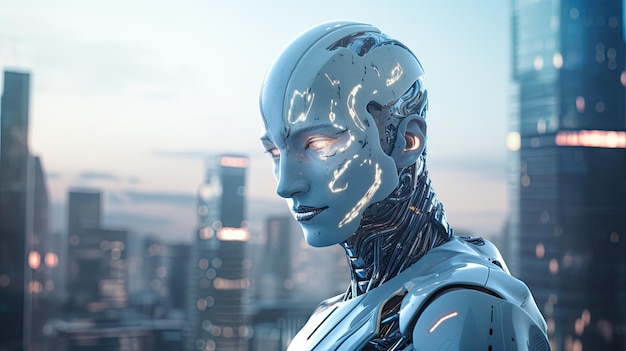 Humanoid robot head against cityscape background 3D rendering toned image double exposure