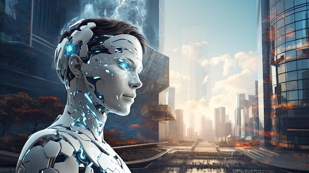 Humanoid robot head against cityscape background 3D rendering toned image double exposure