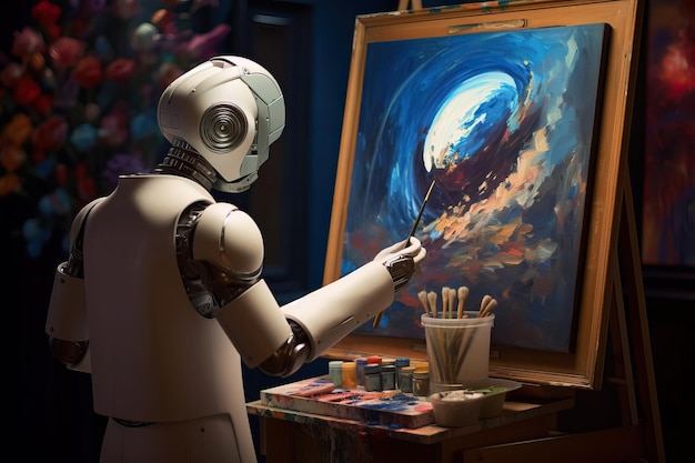 Humanoid robot painter standing at an easel in studio creating art with a brush Concept of computer generated art Realistic generative AI illustration