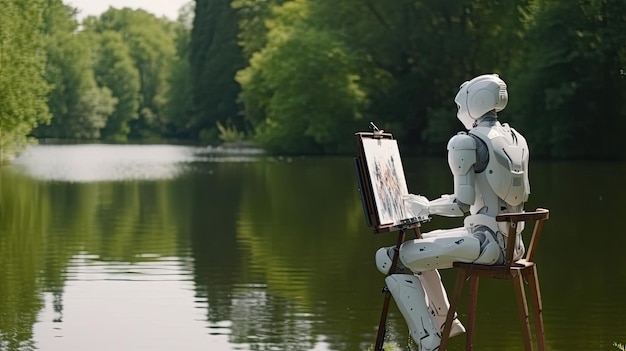 Humanoid robot painting a picture in a canvas near a lake