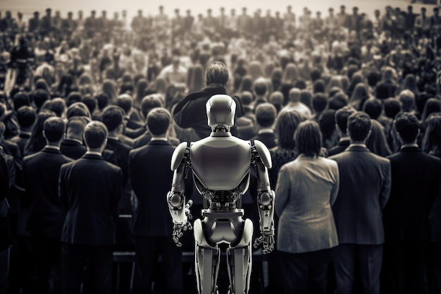 Humanoid robot performs from podium in front of audience Future artificial intelligence Cyborg robots in Parliament