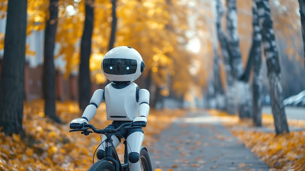 Humanoid robot riding a bicycle on a treelined path during autumn with yellow leaves