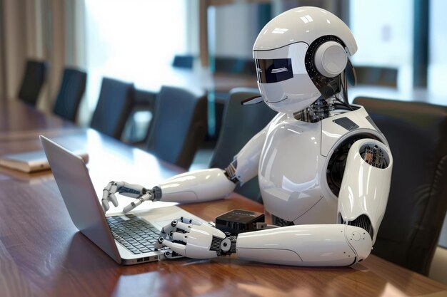 A humanoid robot sits at a conference table typing on a laptop