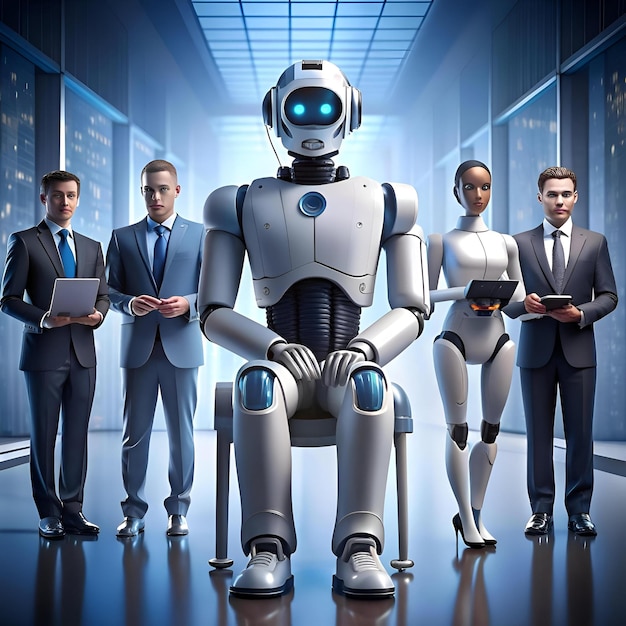 Photo a humanoid robot sits in a meeting with human coworkers suggesting the future of the workplace with automation