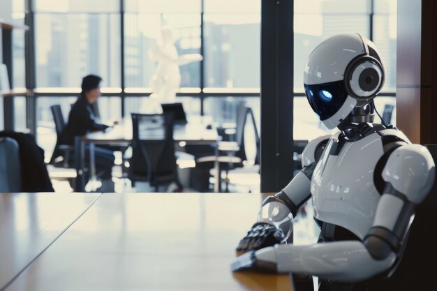 Photo a humanoid robot in a sleek design sits in an office setting with a human working in the background illustrating the blend of ai and human collaboration in a modern workspace