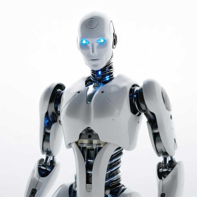 Humanoid robot stands against a stark white background generative ai