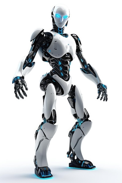 Humanoid robot stands against a stark white background Generative AI