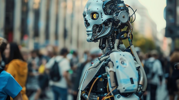 A humanoid robot stands amongst a crowd of people