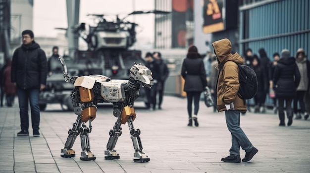 Photo a humanoid robot with a caninelike head stands on a crowded sidewalk engaging with a person illustrating the intersection of daily life and robotics