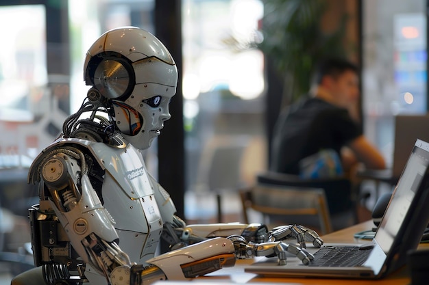 A humanoid robot works in an office on a laptop