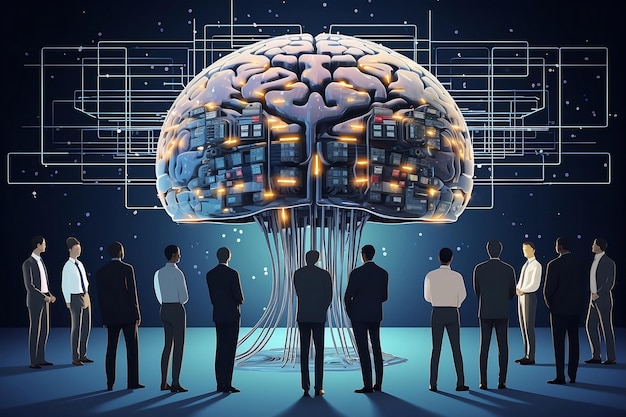 Humans vs Robots People looking at gigant human brain with AI details Business tehnology concept