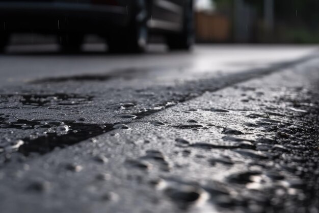 Humid summer day with wet asphalt surface and droplets forming