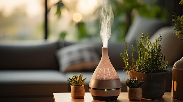 Humidifier on a table in a living room at home blurred background Humidifier with white steam jet in cozy interior design commercial photo for catalog Generative AI