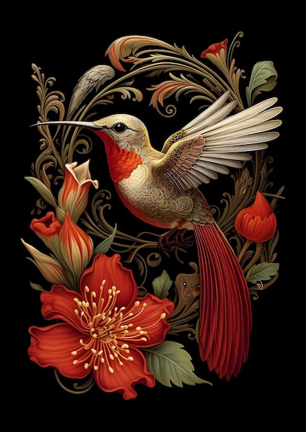 a humming bird perched on a flower in the style of folk artinspired illustrations