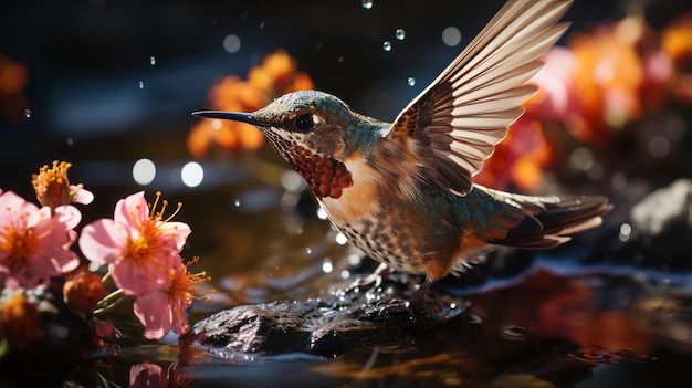 hummingbird and bees are drinking snow melt water