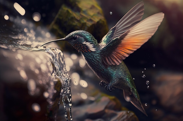 A hummingbird drinking water from a fountain