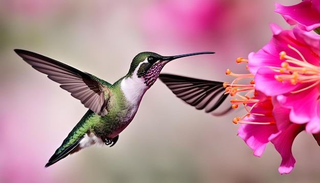 hummingbird eating nectar from a flower with a pink flower in the background