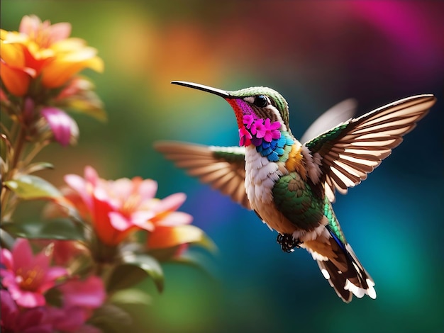 A hummingbird feeding from a colorful flowerAI generated