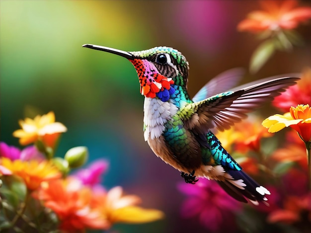 A hummingbird feeding from a colorful flowerAI generated