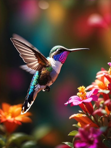 A hummingbird feeding from a colorful flowerAI generated