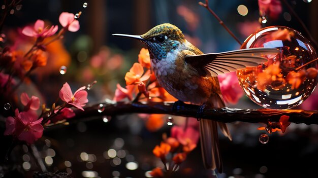 Hummingbird Feeding from Fuchsia Flower Photo