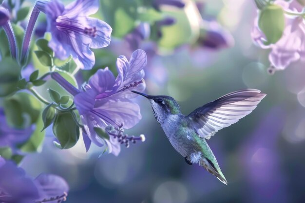 Photo hummingbird feeding on purple flowers in a garden on a sunny day