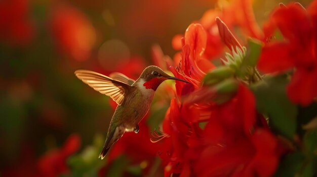 Photo hummingbird feeding on red flowers