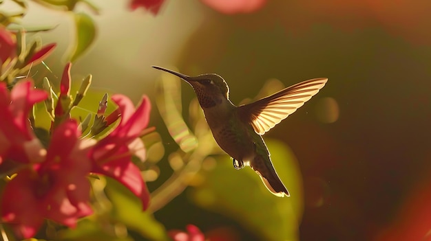 Photo hummingbird in flight against a blurry background of red flowers